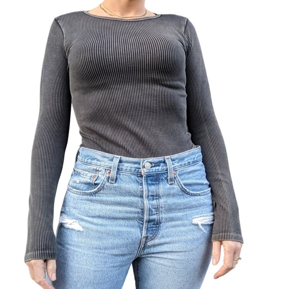 NWT Forever 21 Ribbed Knit Bodysuit Long Sleeve, Charcoal Distressed - Picture 3 of 9
